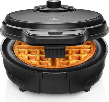 Chefman Anti-Overflow Belgian Waffle Maker w/ Shade Selector, Temperature Control, Mess Free Moat, Round Iron w/ Nonstick Plates & Cool Touch Handle, Measuring Cup Included, Red