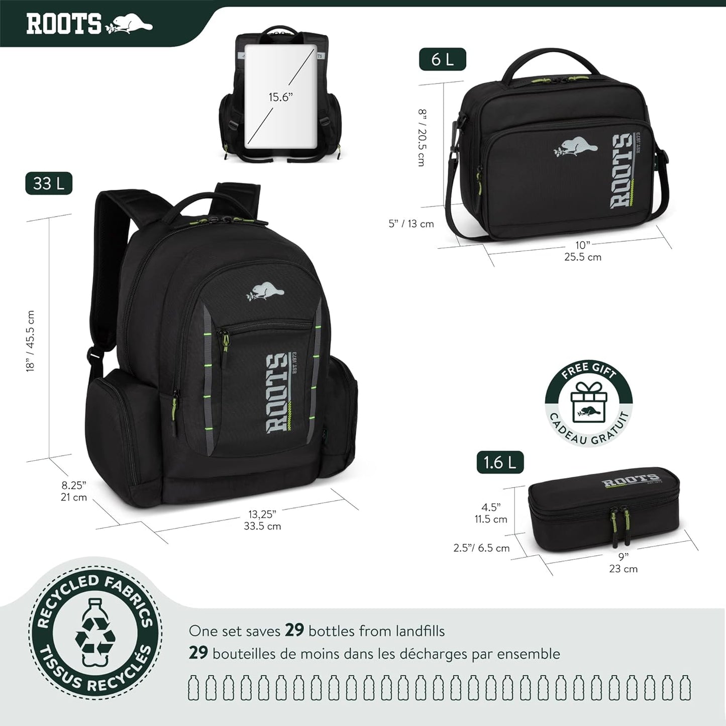 Roots Original 3-in-1 Matching Water Resistant Backpack and Lunch Bag Set with Bonus Pencil Case - Made From 100% Recycled Fabrics - 33 litres, Blue, Large