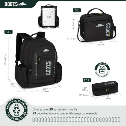 Roots Original 3-in-1 Matching Water Resistant Backpack and Lunch Bag Set with Bonus Pencil Case - Made From 100% Recycled Fabrics - 33 litres, Blue, Large