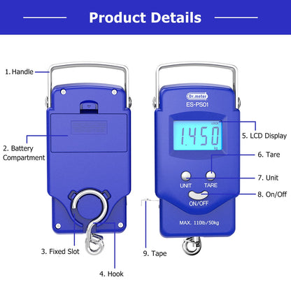 Fish Scale, Dr.meter 110lb/50kg Backlit LCD Display Digital Scale with Built-in Measuring Tape - Electronic Fishing Postal Hanging Hook Scale with 2 AAA Batteries, Pocket Size