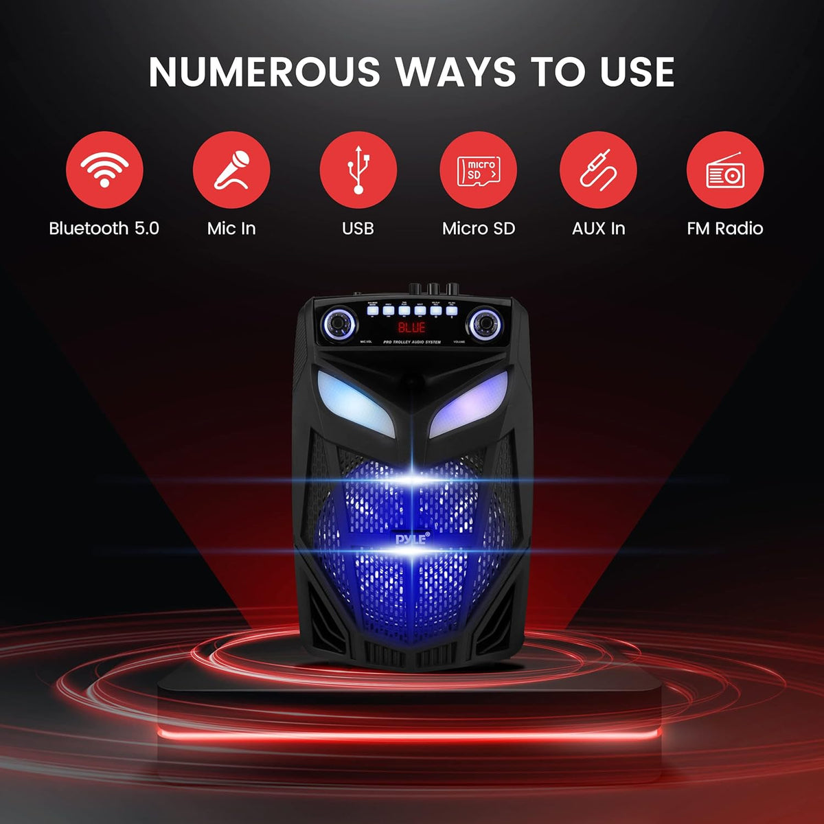 Portable Bluetooth PA Speaker System - 600W 10” Outdoor BT Speaker - Includes 2 Wireless Microphones, Party Lights, USB SD Card Reader, FM Radio, Rolling Wheels - Remote Control - Pyle PPHP101WMB