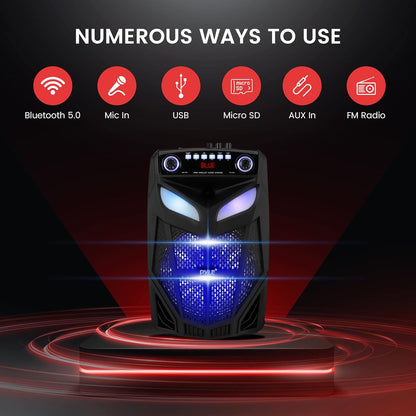 Portable Bluetooth PA Speaker System - 600W 10” Outdoor BT Speaker - Includes 2 Wireless Microphones, Party Lights, USB SD Card Reader, FM Radio, Rolling Wheels - Remote Control - Pyle PPHP101WMB