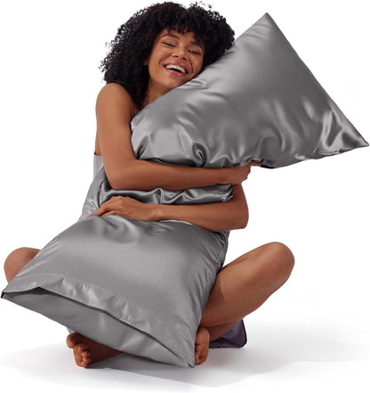 Bedsure Satin Pillow Case Queen Size 2 Pack, Similar to Silk Pillow Cases, Silky Pillowcase Covers with Envelope Closure, Room Decor Valentine Gifts for Women Men, Grey, 20x30 Inches