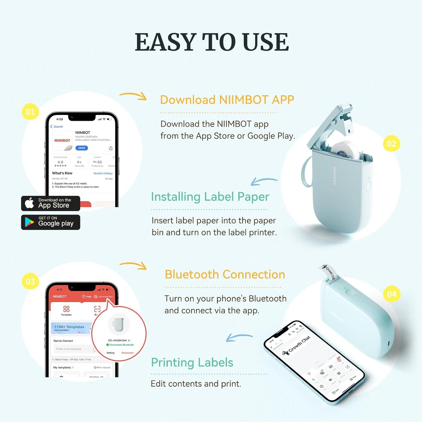 NIIMBOT D110 Mini Label Maker Machine with Tape(Pre-Cut Size 12x40mm), Portable Bluetooth Sticker Printer, Inkless Automatic Feeding One-Touch Custom Printing, Compatible with Phone Only