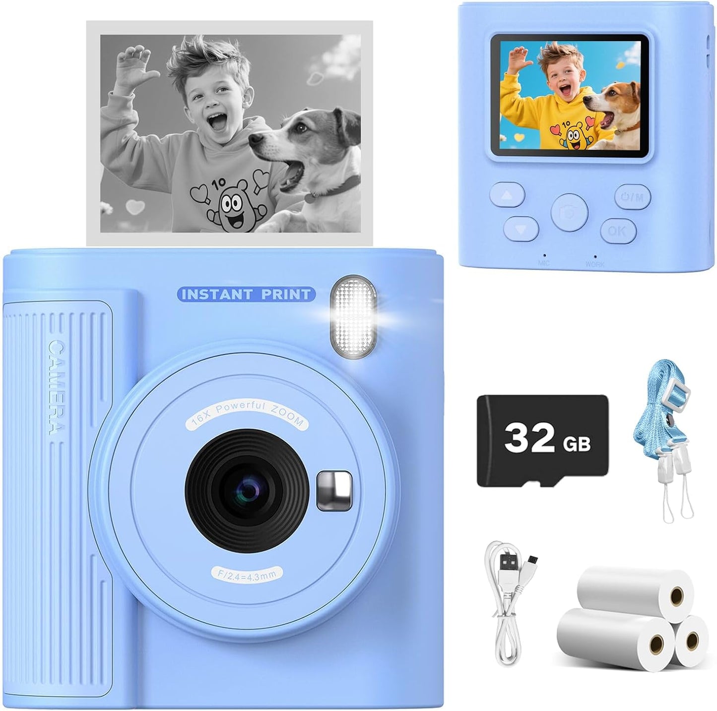 Mgaolo Kids Camera with Instant Print, Thermal Printing Digital Camera Gift for 3-12 Years Old Children, Safe Ink-Free Design, Toy for Creativity & Learning (Black)