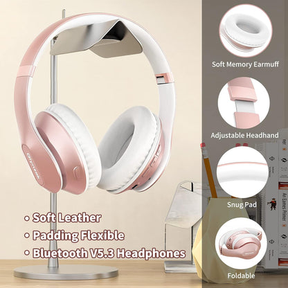Glynzak Wireless Bluetooth Headphones Over Ear 65H Playtime HiFi Stereo Headset with Microphone and 6EQ Modes Foldable Bluetooth V5.3 Headphones for Desktop Computer Laptop Rose Gold