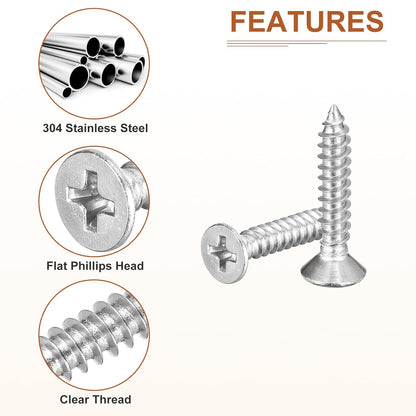 DTGN 100Pcs #8x1 Flat Head Wood Screws, 304 Stainless Steel Phillips Self Tapping Screws - Good for Woodworking, Furniture - Silver