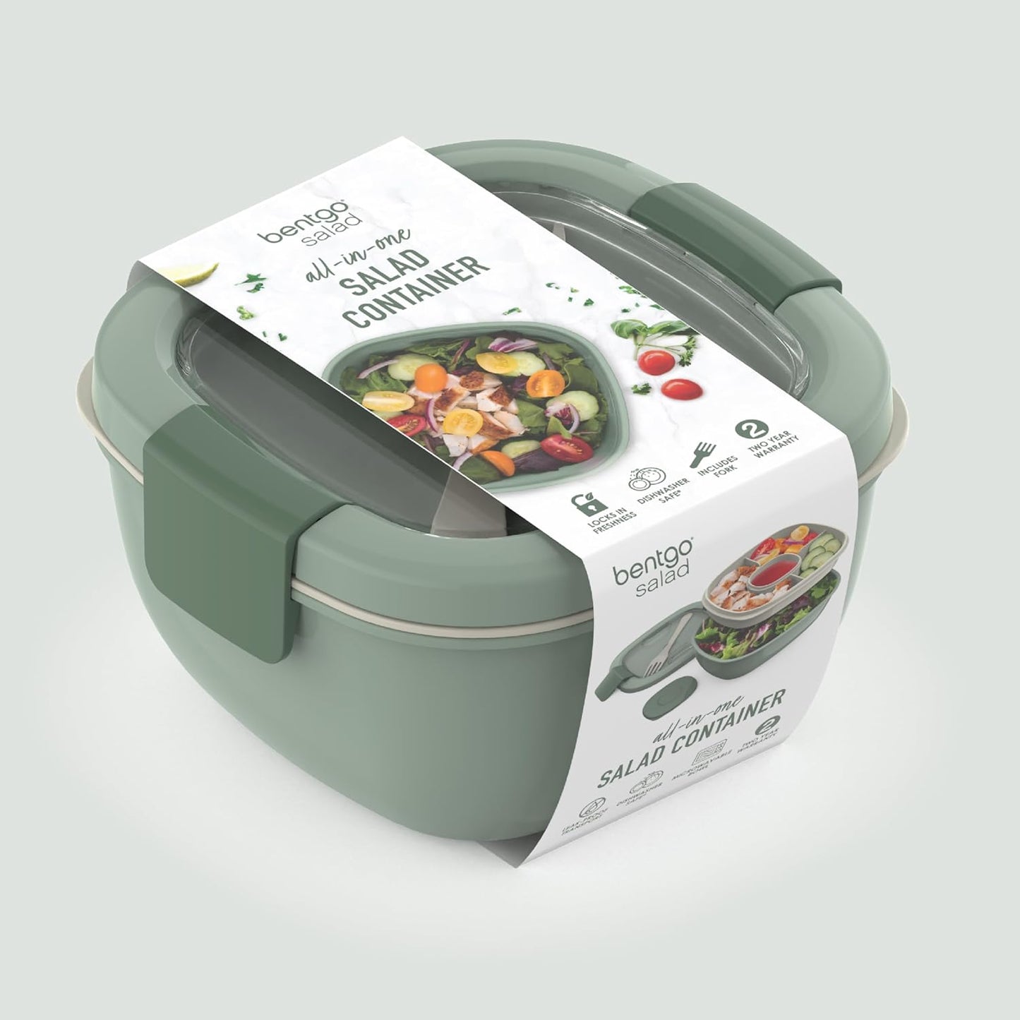 Bentgo Salad - Stackable Lunch Container with Large 54-oz Salad Bowl, 4-Compartment Bento-Style Tray for Toppings, 3-oz Sauce Container for Dressings, Built-in Reusable Fork & BPA-Free (Khaki Green)