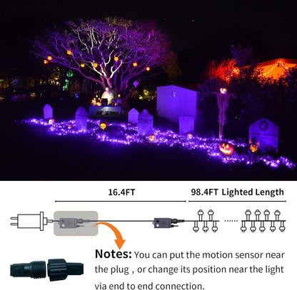 Rotu Halloween Lights Outdoor 114.8 ft 300 LED String Lights with Music Sync Spooky Sounds Halloween Decorations Fairy Lights Indoor Waterproof for Yard Porch Haunted House Decor (Purple)