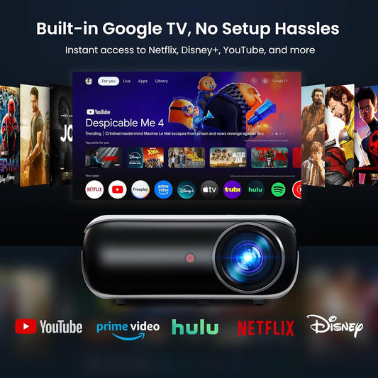 Official Licensed Google TV Smart Projector, HAPPRUN Projector 4k Support with Dolby Sound, Built-in Streaming Apps, Native 1080P, Wi-Fi & Bluetooth, Projecteur for Home Cinema,Gaming,Outdoor - PuriLite