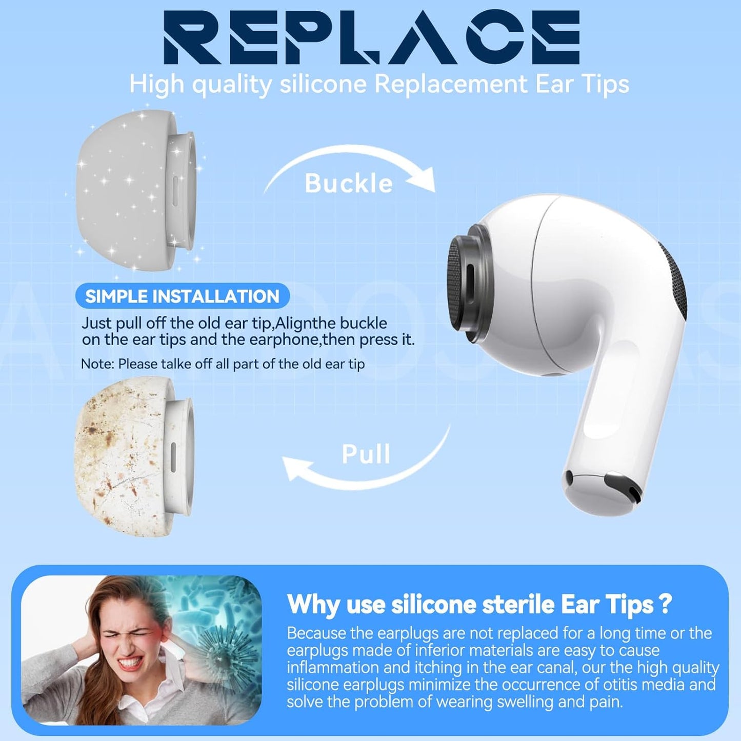 4 Pairs Replacement Ear Tips for AirPods Pro 2nd/1st Generation with Portable Storage Box & Cleaner Pen,Noise Reduction Holewith & Built-in dust Guard Screen,Silicone Ear Tips for AirPods Pro (White)