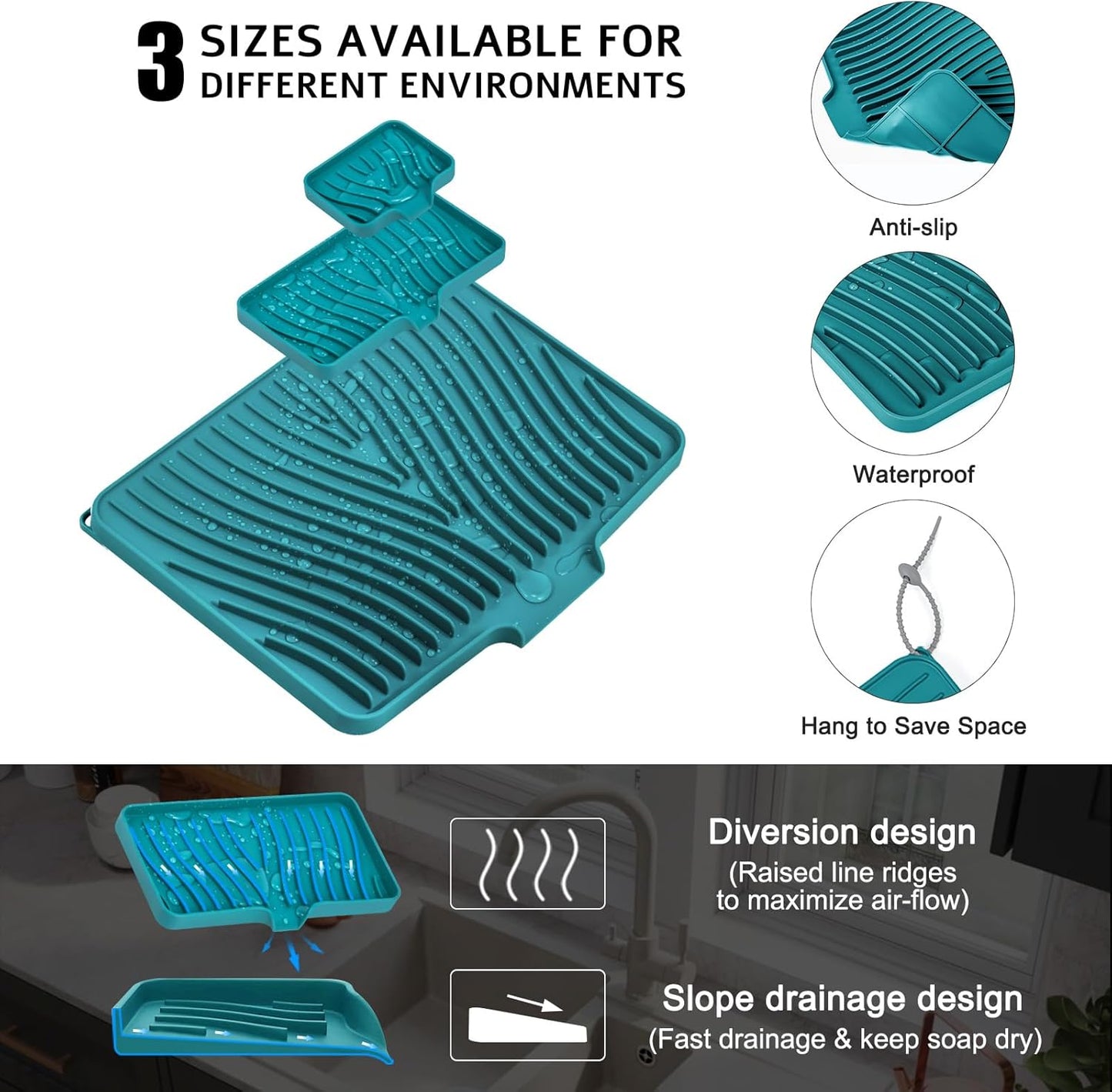 TIKNIK Silicone Dish Drying Mat for Kitchen Counter, Dish Drying Pad, Non-Slip Drain Pad with Built-in Drain, Heat Resistant Stone Drying Mat(40 L x 33 W cm, Grey)