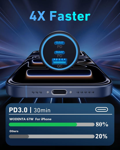 USB C Car Charger, 3-Port 67W Super Fast Charging Dual USB-C & USB-A Car Charger Accessories Cigarette Lighter Adapter for iPhone 17 16e 16 15 14 13 12 11 Pro Max, iPad, Galaxy, Pixel, Android Phone