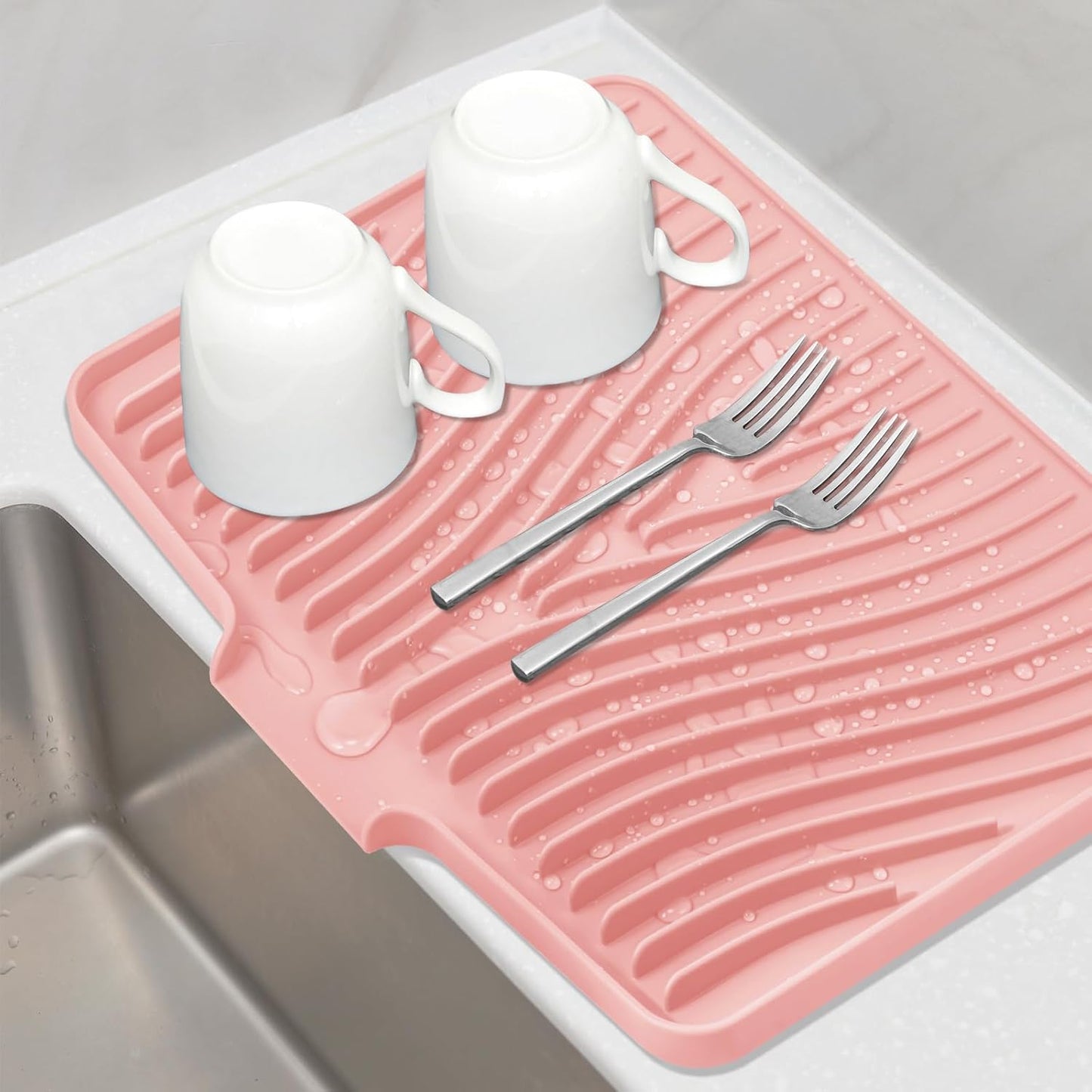 TIKNIK Silicone Dish Drying Mat for Kitchen Counter, Dish Drying Pad, Non-Slip Drain Pad with Built-in Drain, Heat Resistant Stone Drying Mat(40 L x 33 W cm, Grey)