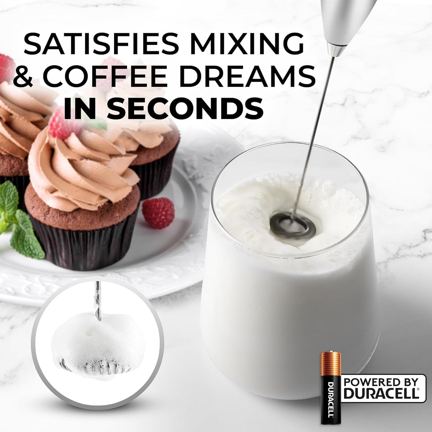 Zulay Kitchen Powerful Double Whisk Milk Frother Handheld - Foam Maker with Stand - Whisk Drink Mixer for Coffee, Mini Foamer for Latte, Matcha, Frappe, Hot Chocolate & Cappuccino (Black)