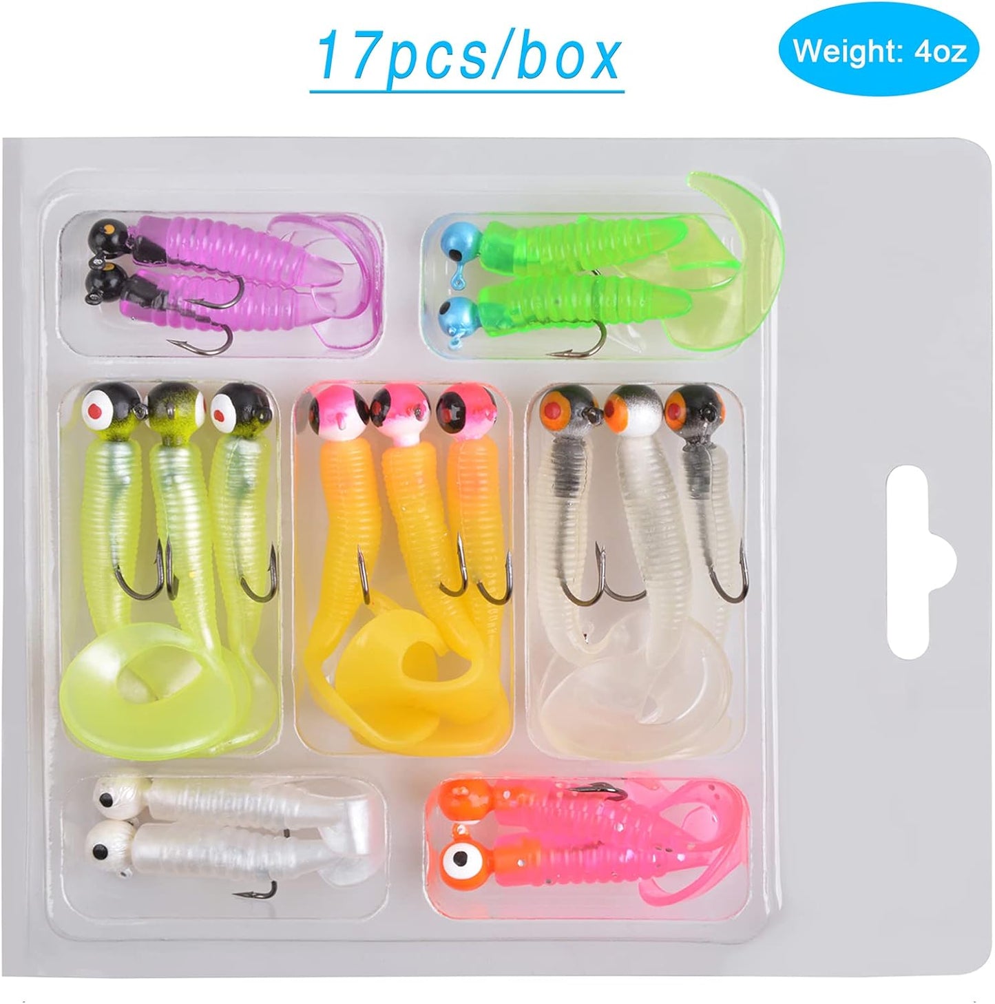 Soft Lures Fishing Jigs Kit, Worm Grub Fishing Lures Jig Head Hooks Kit Grubs Bait Jig Heads Soft Plastic Bait Crappie Jigs Tubes Baits Curved Tail Lure Fishing Lures Kit for Walleye Bass Trout
