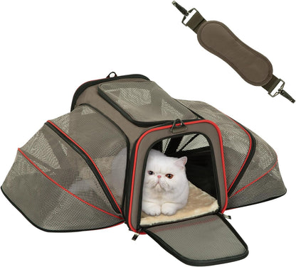 Petsfit Expandable Cat Dog Carrier Airline Approved, 17" L x 11" W x 11" H Soft-Sided Portable Pet Travel Carrier for Kitten, Puppy, Removable Soft Plush Mat and Pockets, Auto-Locking Zippers