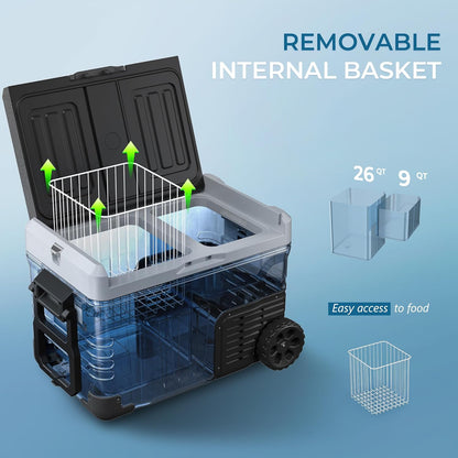 EUHOMY 12 Volt Refrigerator with Remote App Control, 35QT(33L) Dual Zone Electric Cooler with Wheels & Basket, Portable Freezer 12/24V DC & 110-240V AC, 12V Cooler for Travel, Truck, Camping, Boat, RV