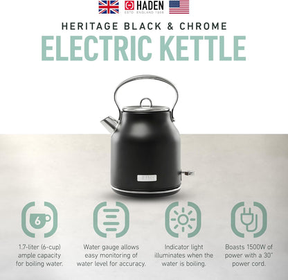 Haden 75041 Heritage 1.7 Liter (7 Cup) Stainless Steel Electric Kettle with Auto Shut-Off and Boil Dry Protection, Black/Copper