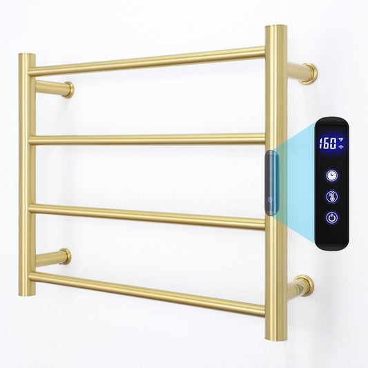 Heated Towel Rack Gold, 4 Bars Towel Warmer Rack for Bathroom Wall Mounted, Timer & Temperature Control Electric Towel Drying Rack (4 Bars Brushed Gold D, Hardwired)