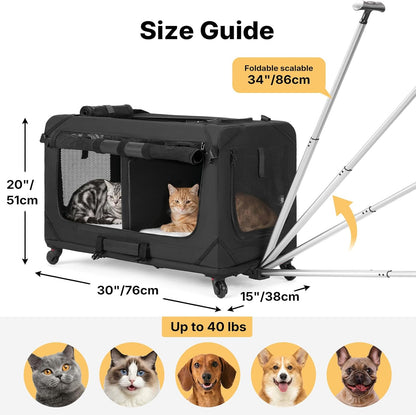 Veehoo Large Pet Carrier with Wheels for 2 Cats, Extra Long 76cm Foldable | Soft-Sided Rolling Cat Carrier for 2 Small Dogs, Removable Divider, Telescopic Handle, 76× 38× 51 cm, Black