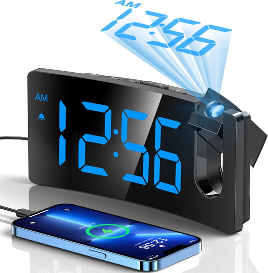 GOLOZA Projection Alarm Clock, Digital Clock with Modern Curved Design 180° Rotatable Projector, 3-Level Brightness Dimmer, Clear Blue LED Display, Progressive Volume, 9mins Snooze,12/24H, for Bedroom - PuriLite
