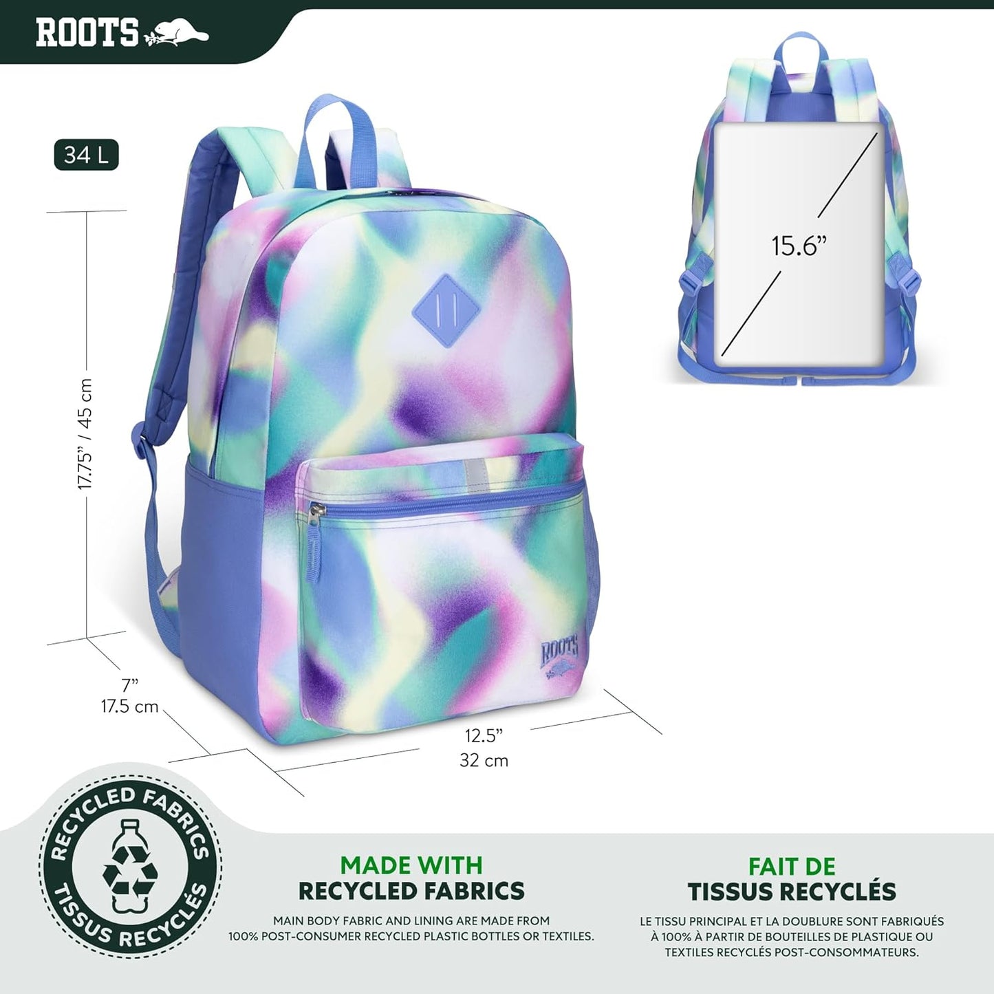 Roots Teen Lightweight Backpack — Made from Recycled Polyester with 15.6" Laptop Compartment, Rain Flap, Bottle Pocket, Reflective Accent, and Back Padding — 34L, Black