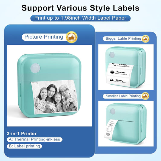 Label Maker Machine with Tape - Thermal Label Printer Bluetooth Label Maker Machine, Mini Printer Sticker Maker for Home, Kitchen, School, Office Organization with 2 Rolls Paper (Green) - PuriLite