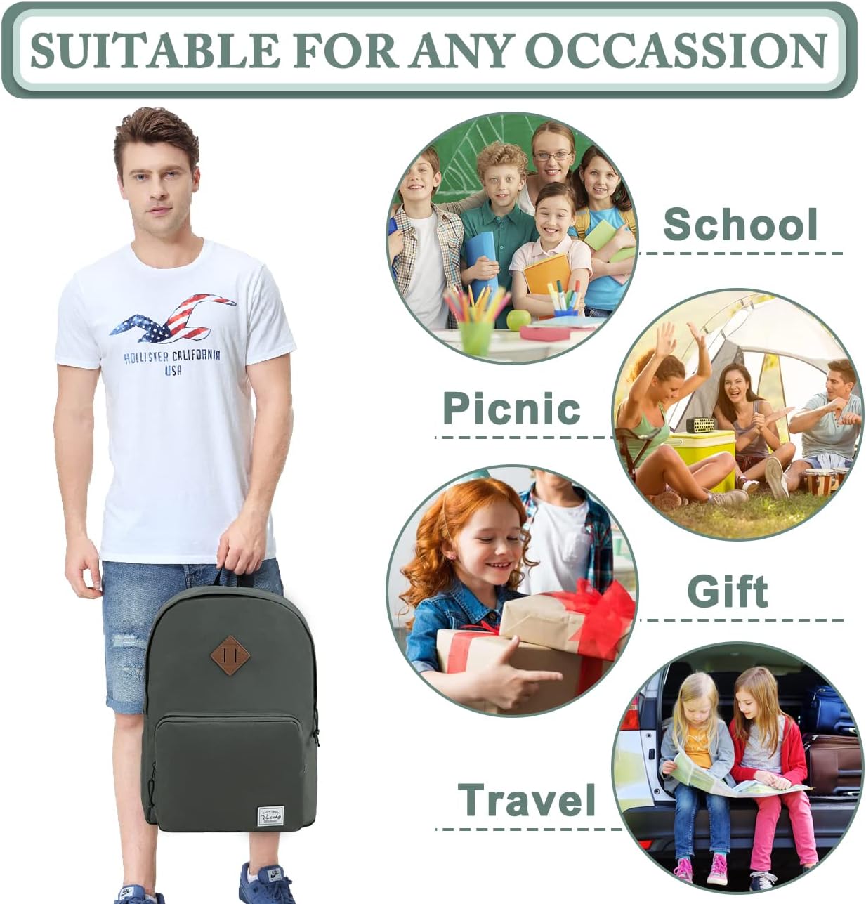 VASCHY Lightweight School Backpack for Women with Sleeve for 14" Laptop