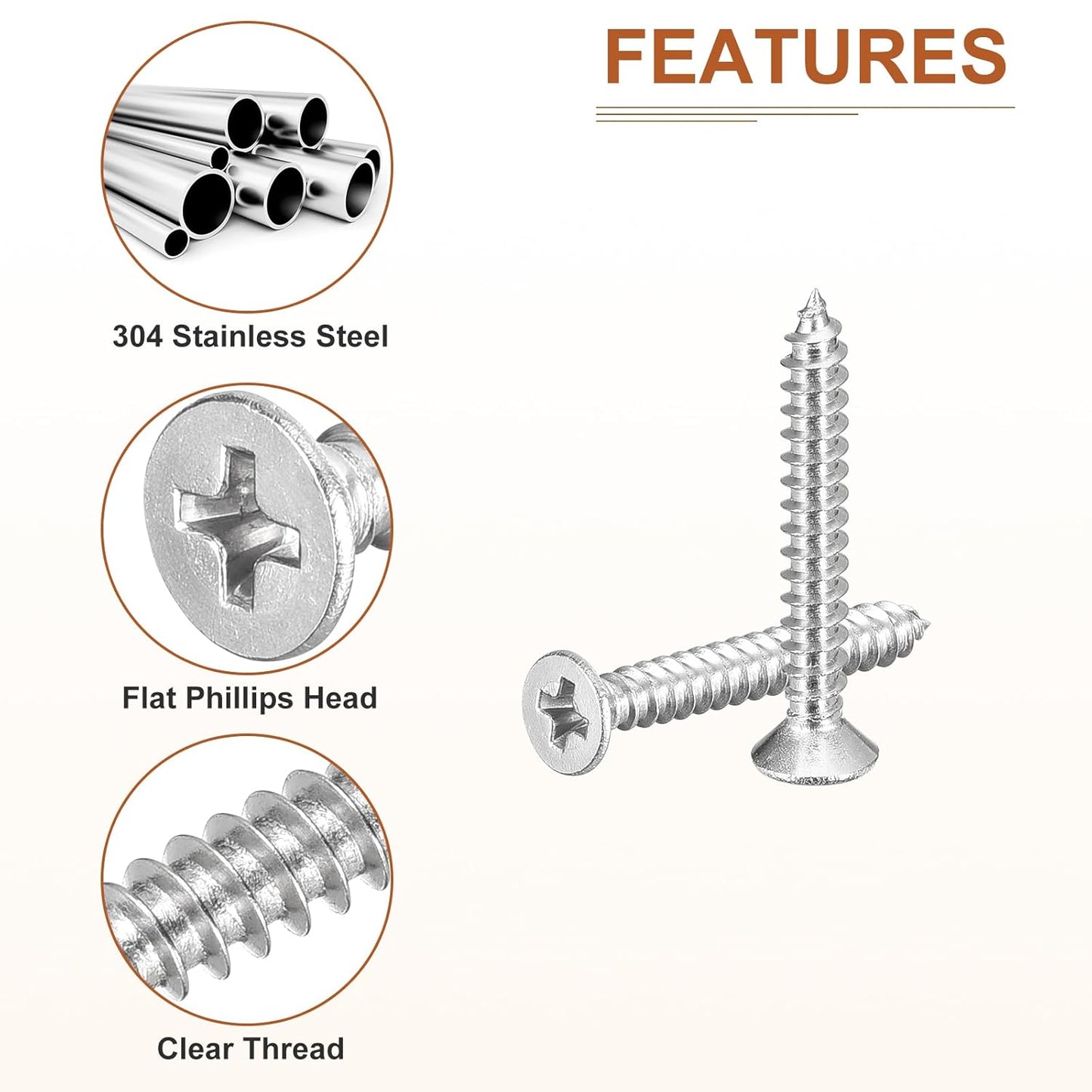 DTGN 100Pcs #6x1/2 Flat Head Wood Screws, 304 Stainless Steel Phillips Self Tapping Screws - Good for Woodworking, Furniture - Silver