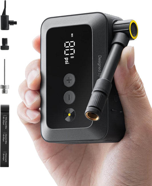 HOTO Air Pump Pocket, Mini Bike Tire Pump, 25s Fast Inflate Bike Pump Electric with Guage, 150PSI Portable Electric Bicycle Air Pump with Presta and Schrader Valve for Road Bike, Motorcycle, E-Bike