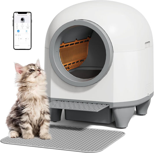 GUNJI Self Cleaning Litter Box, 90L Automatic Cat Litter Box for Multiple Cats, App Control-No Scoop, Large Kitty Box with Safety Protection, Includes Mat, 1 Garbage Bags (Gray)