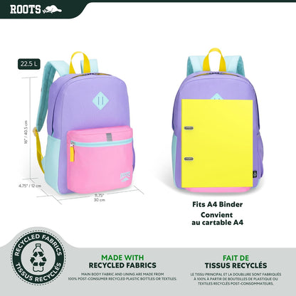 Roots Kids Lightweight Backpack — Made from 100% Recycled Fabrics with Rain Flap, Bottle Pocket, Reflective Accent, and Back Padding — 22.5 litres, Pink & Purple