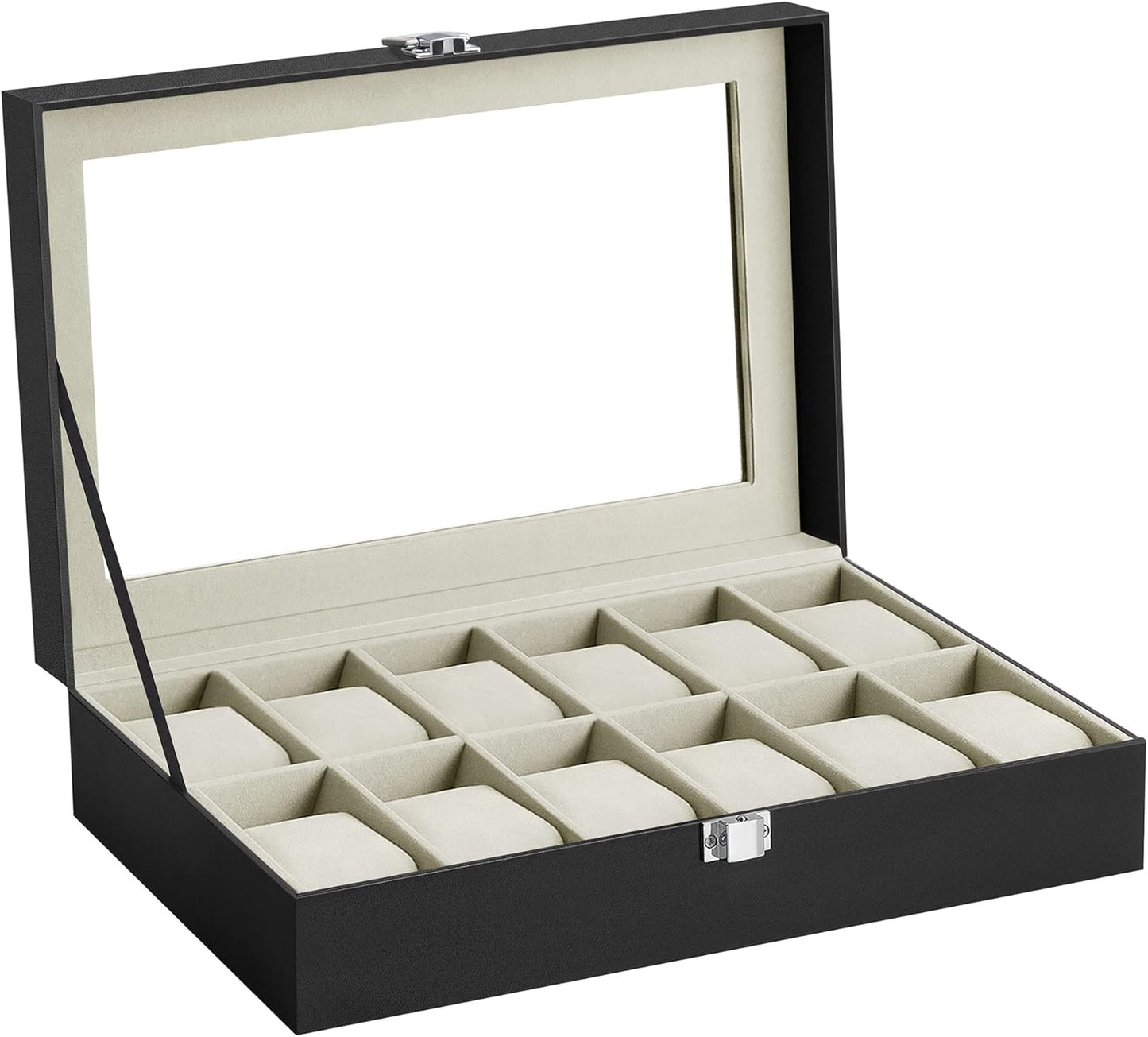SONGMICS Watch Box, 6-Slot Watch Case, Watch Box Organizer, Black Synthetic Leather, Greenish Gray Lining UJWB06BK