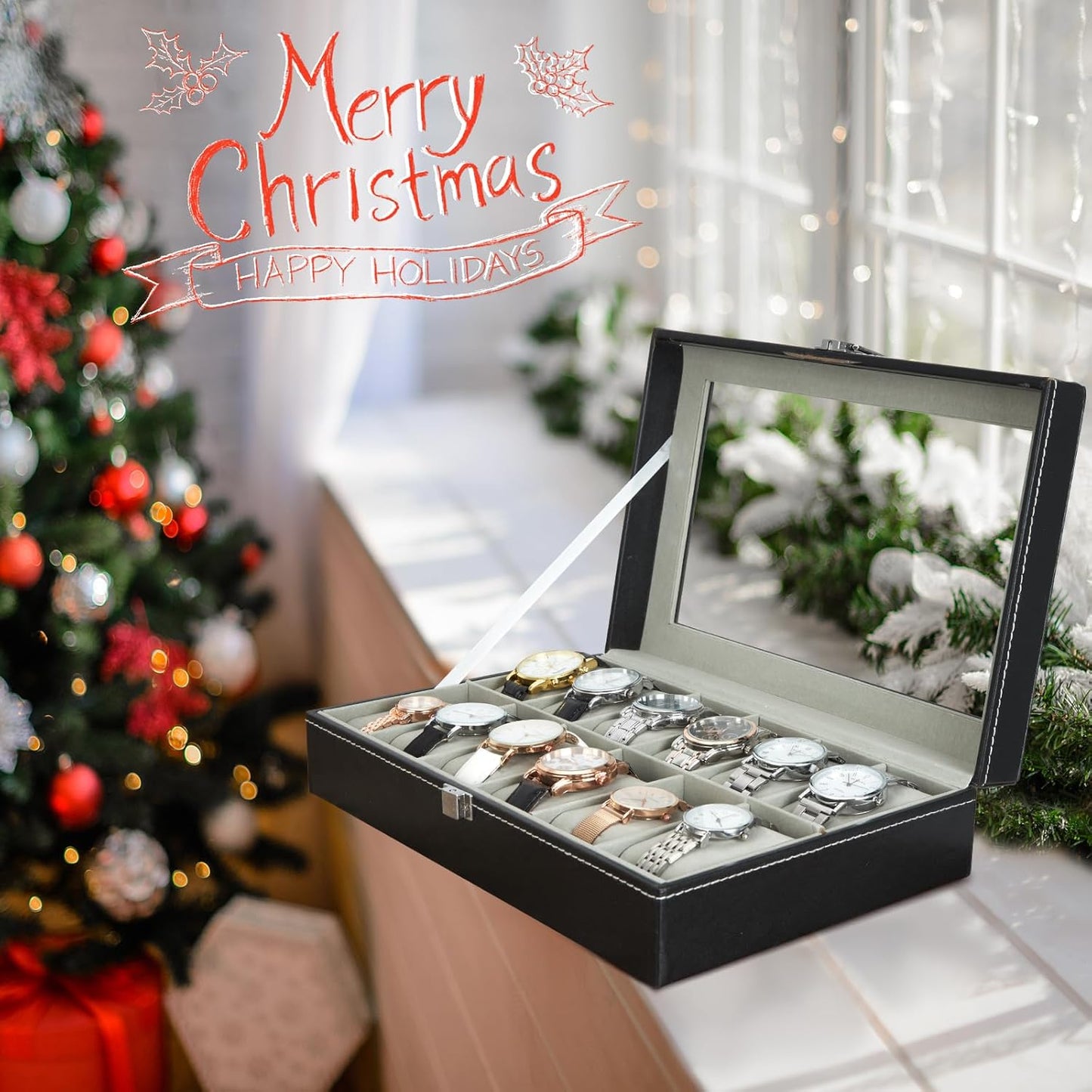 Ohuhu Watch Box Organizer for Men -12 Slot Leather Watch Case with Real Glass Lid Watch Display Case, Watch Organizer Jewelry Storage Box