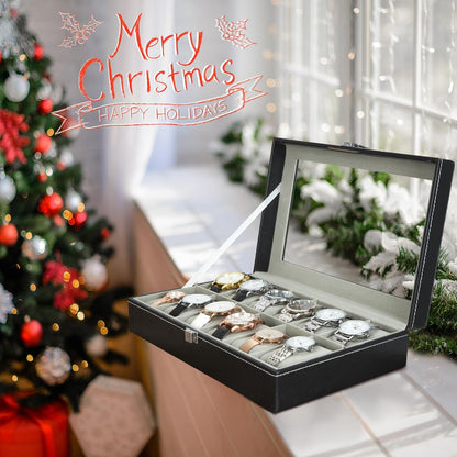 Ohuhu Watch Box Organizer for Men -12 Slot Leather Watch Case with Real Glass Lid Watch Display Case, Watch Organizer Jewelry Storage Box