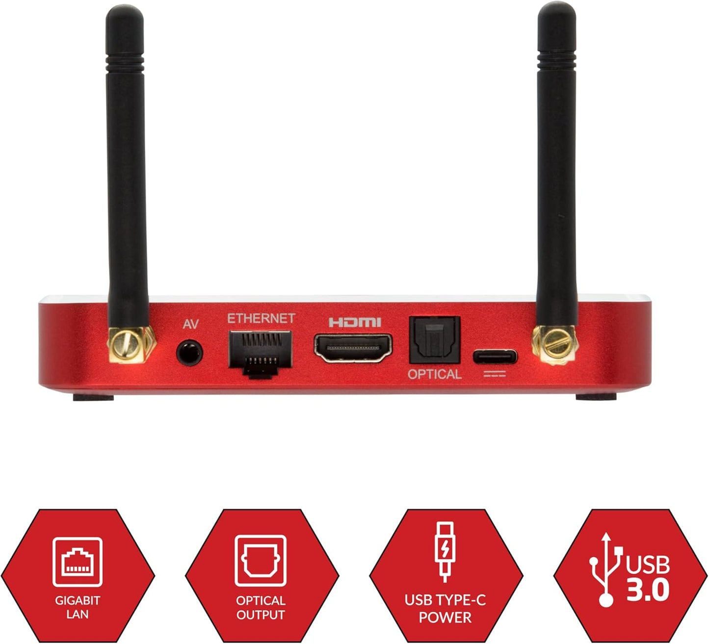 BuzzTV X5 SS Android 13 TV Box, 4GB DDR4 RAM, 128GB Storage, Scarlet Red Aluminum, Dual Voice-Controlled Remote, Wireless AX, USB-C, Global Power Adapters