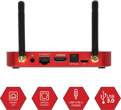 BuzzTV X5 SS Android 13 TV Box, 4GB DDR4 RAM, 128GB Storage, Scarlet Red Aluminum, Dual Voice-Controlled Remote, Wireless AX, USB-C, Global Power Adapters