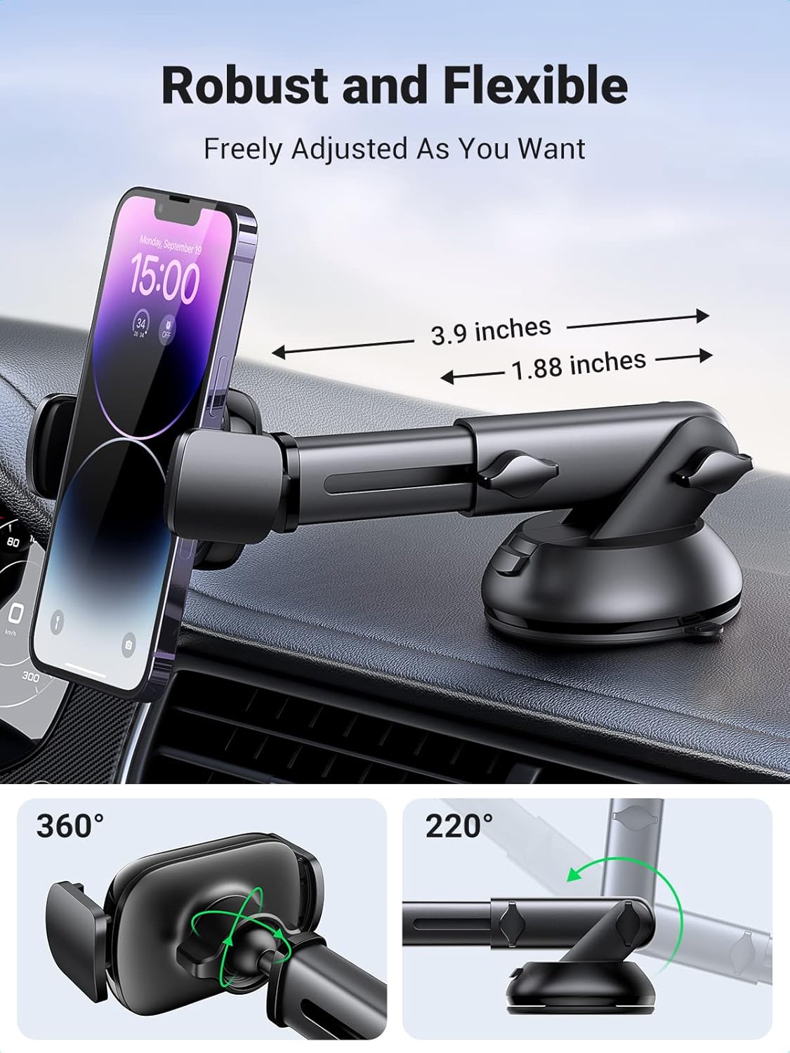 UGREEN Car Phone Holder Dashboard Windshield, Strong Suction Car Phone Mount 360 Degree Rotation Long Arm, Cell Phone Holder Car for iPhone 14 Pro Max 13 Pro Max 12 Pro Max, Galaxy S23 S22, Pixel 4 XL