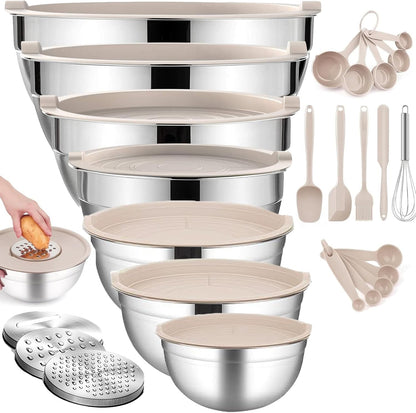 JUJOJB Mixing Bowls With Lids Set,Stainless Steel Mixing Bowls Set With 3 Grater,Metal Nesting Bowls For Kitchen Baking Refrigerator Meal Prep Food Storage Organizer,7 Size(Khaki)