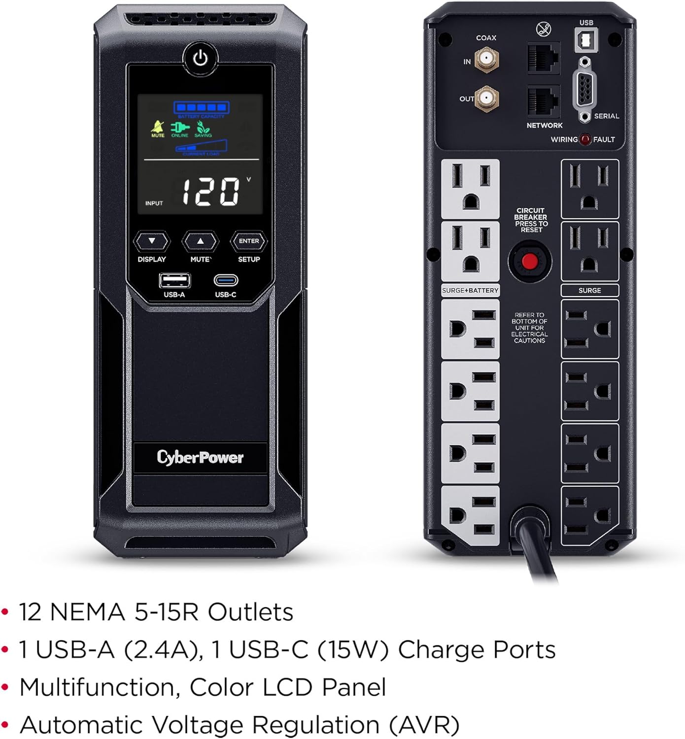 CyberPower CP1500AVRLCD3 Intelligent LCD UPS System, 1500VA/900W, 12 Outlets, 2 USB Ports, AVR, Mini Tower, Black