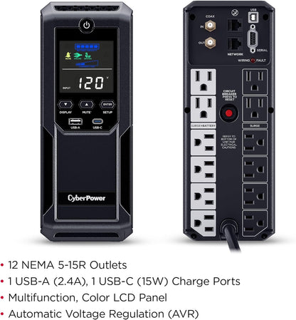 CyberPower CP1500AVRLCD3 Intelligent LCD UPS System, 1500VA/900W, 12 Outlets, 2 USB Ports, AVR, Mini Tower, Black