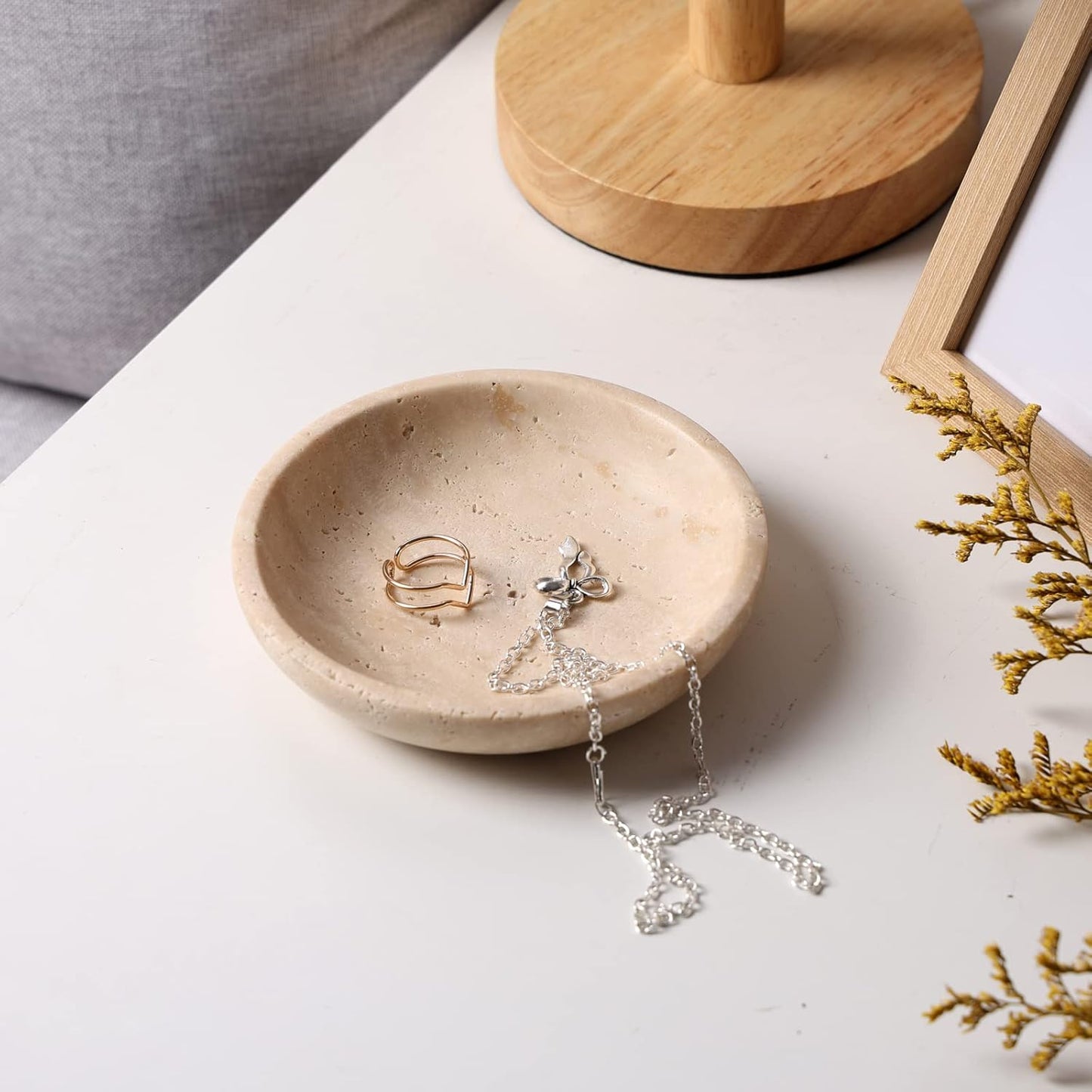 Natural Travertine Ring Dish Jewelry Tray for Women, Marble Trinket Dish for Keys and Earrings, Small Nightstand Organizer, Beige Travertine Gift for Mother’s Day - PuriLite