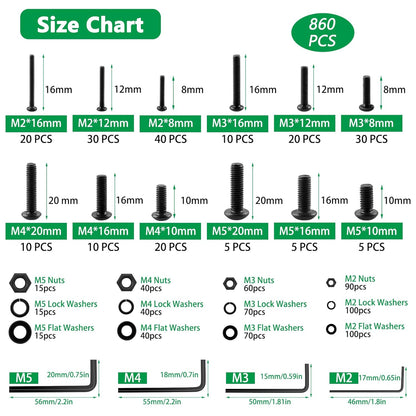 860PCS Metric Screw Assortment Kit, M2 M3 M4 M5 Machine Screws with Lock & Flat Washers, 10.9 Grade Alloy Steel, Metric Hex Button Head Cap Nuts and Bolts Assortment Kit with 4 Wrenches