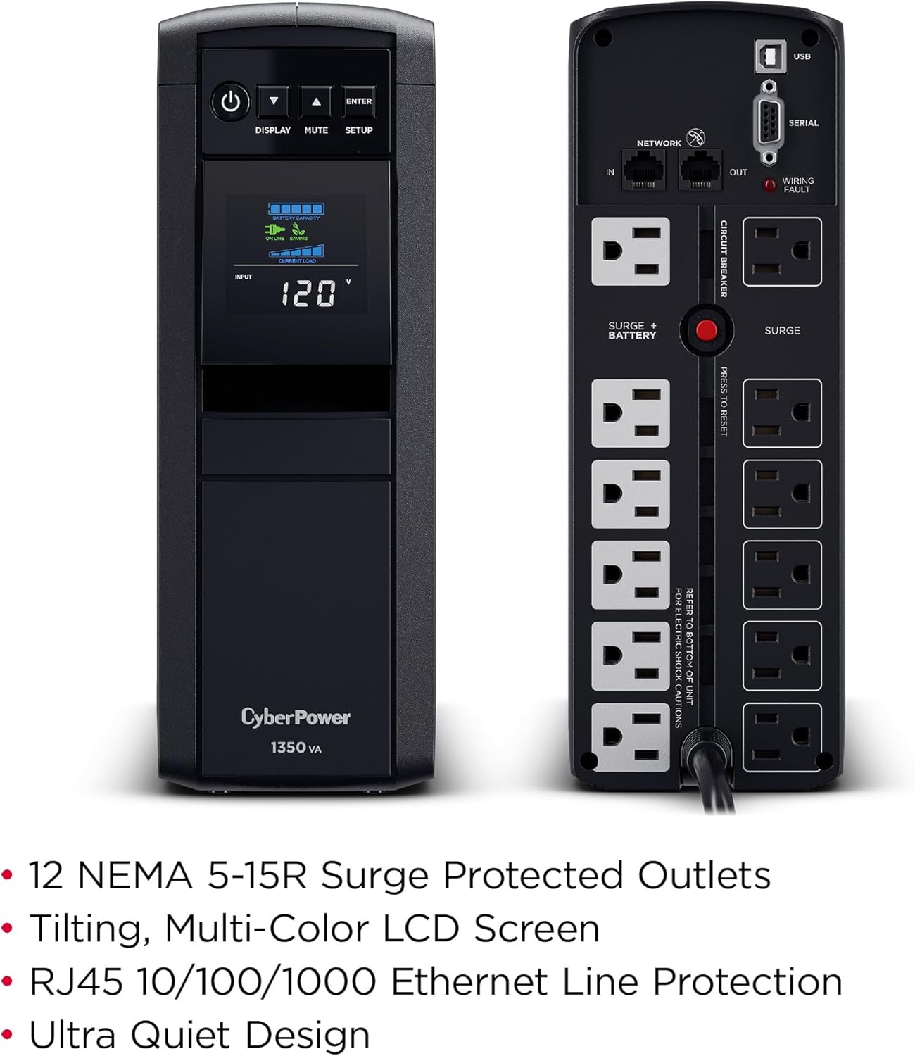 CyberPower CP1500PFCLCD PFC Sinewave UPS System, 1500VA/1000W, 12 Outlets, AVR, Mini Tower, Black
