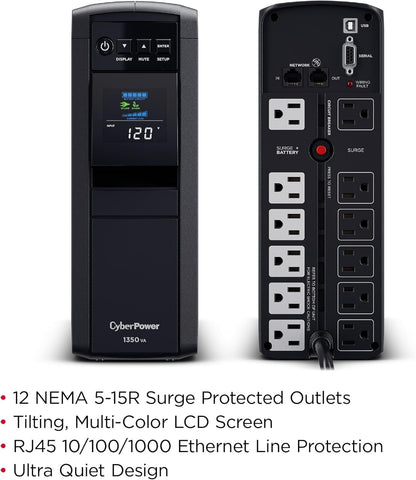 CyberPower CP1500PFCLCD PFC Sinewave UPS System, 1500VA/1000W, 12 Outlets, AVR, Mini Tower, Black