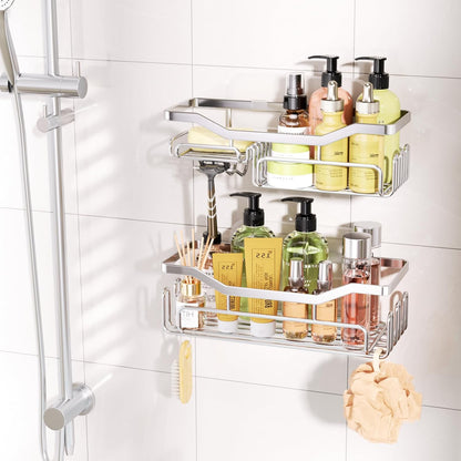 HapiRm Shower Caddy - Bathroom Organizers Adhesive Bathroom Shelf with Soap Holder Design and 11 Hooks, Rustproof & Waterproof Shower Shelves Made of SUS 304 Stainless Steel, Silver