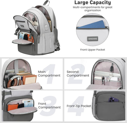 WINDARS Backpack for School Girls, Cute High School Backpacks for Teens Women Student Large Bookbag 15.6 Inch Laptop Bag with USB Charger Port for College Work Travel Trip (Beige Khaki)