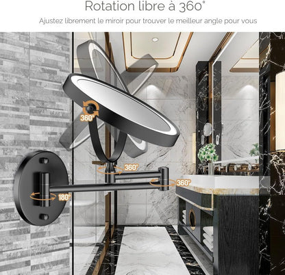 Miroir de maquillage mural rechargeable, miroir de courtoisie LED double face de 20 cm avec agrandissement 1X/10X, miroir de salle de bain de 33 cm avec écran tactile et 3 couleurs d’éclairage