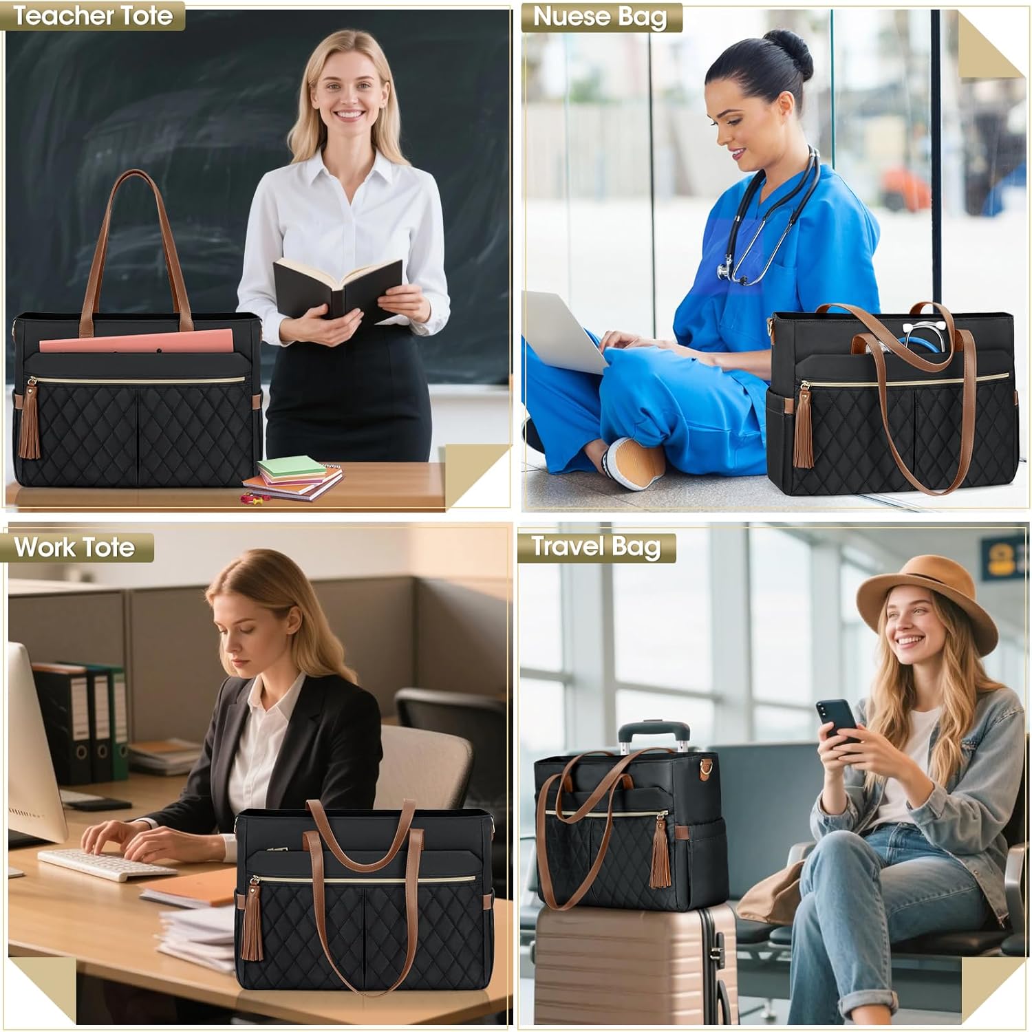 RAINSMORE Laptop Bag For Women 15.6 Inch Work Teacher Tote Bag Waterproof Nurse Bag Large Handbag Shoulder Travel Computer Messenger Bag Briefcase,Black - PuriLite